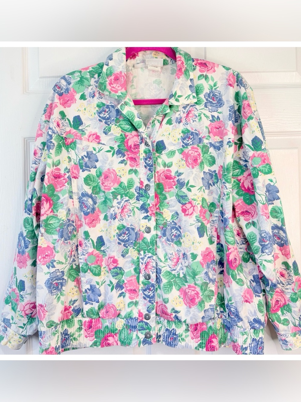 VTG 80s Koret Pastel Cottagecore Cabbage Rose Denim Bomber Jacket M/L